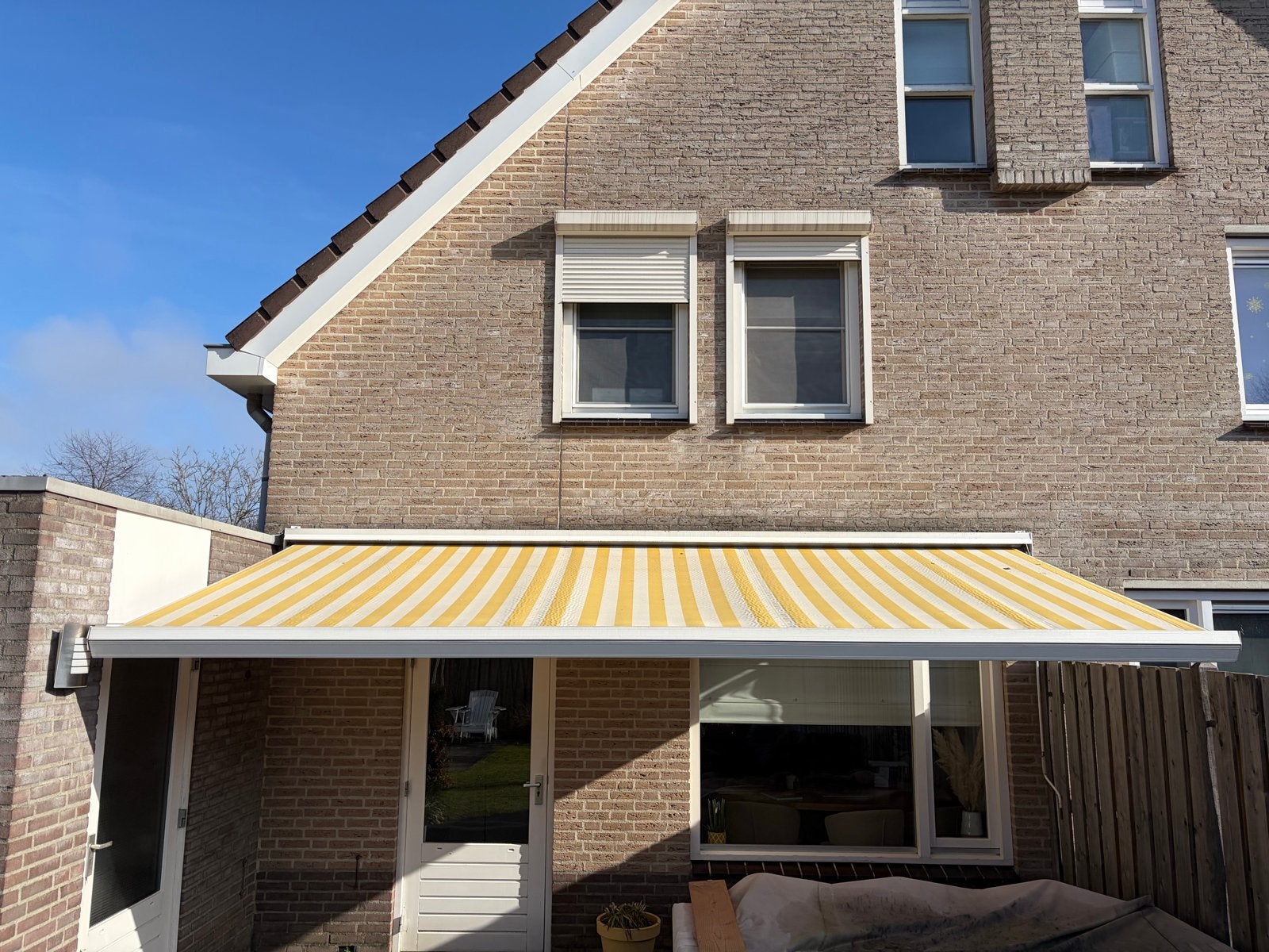 Knikarmscherm - Geel/Wit gestreept zonnescherm, Ophalen, Gebruikt, 450 cm of meer, 150 tot 300 cm