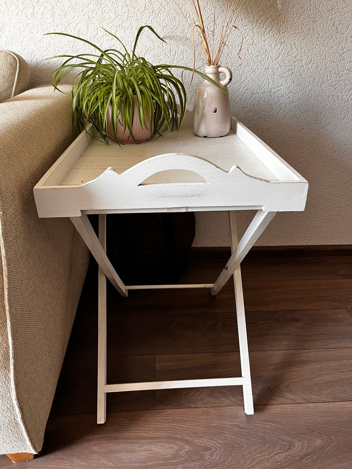 Wit houten bijzettafel / dienbladtafel, 45x65x67 cm, Ophalen, Gebruikt, 55 tot 75 cm, 60 cm of meer