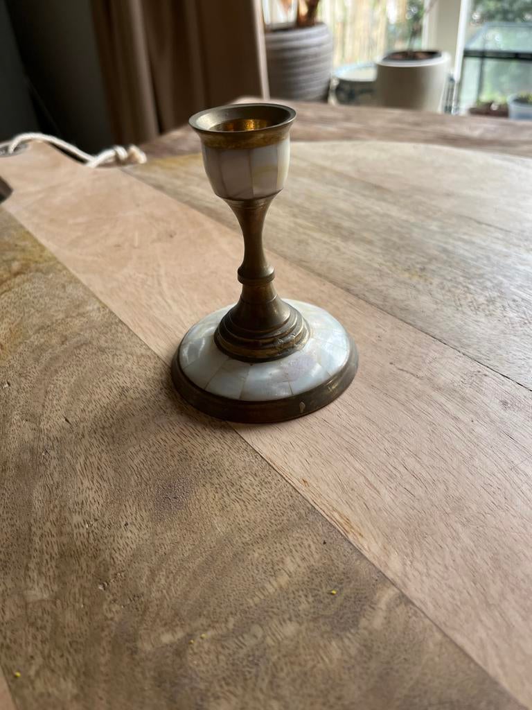 Antieke Koperen Kandelaar met Parelmoer Inleg, Ophalen of Verzenden, Koper of Brons