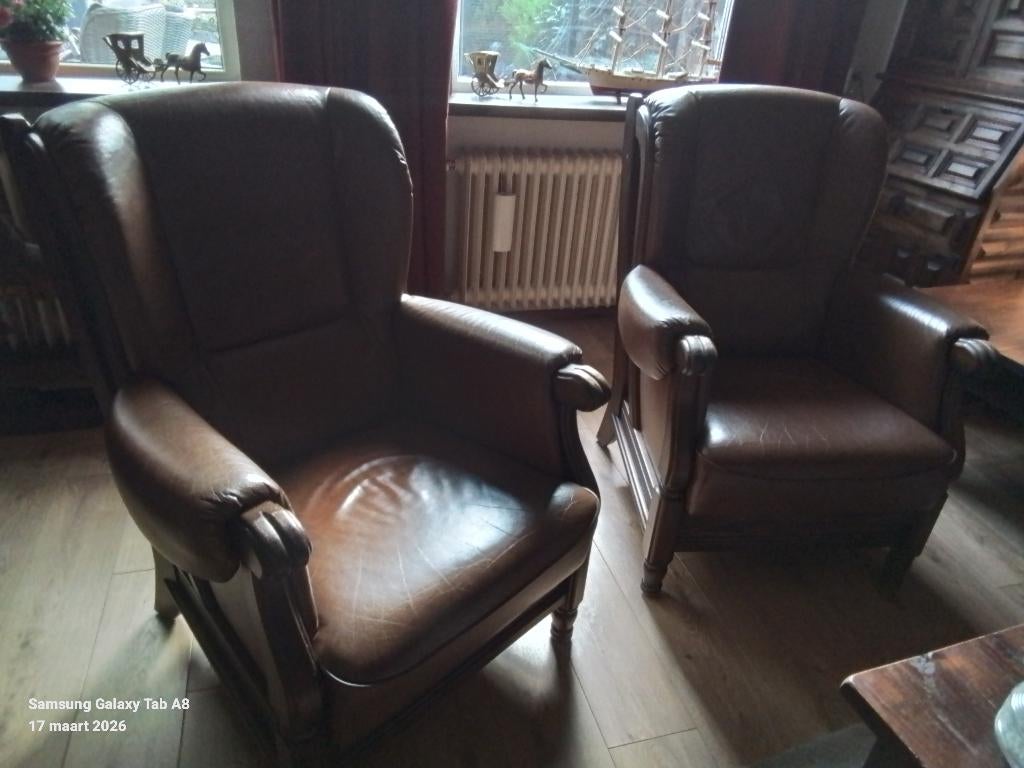 2 leren stoelen en bankstel, Huis en Inrichting, Ophalen, Gebruikt, Driepersoons, 75 tot 100 cm