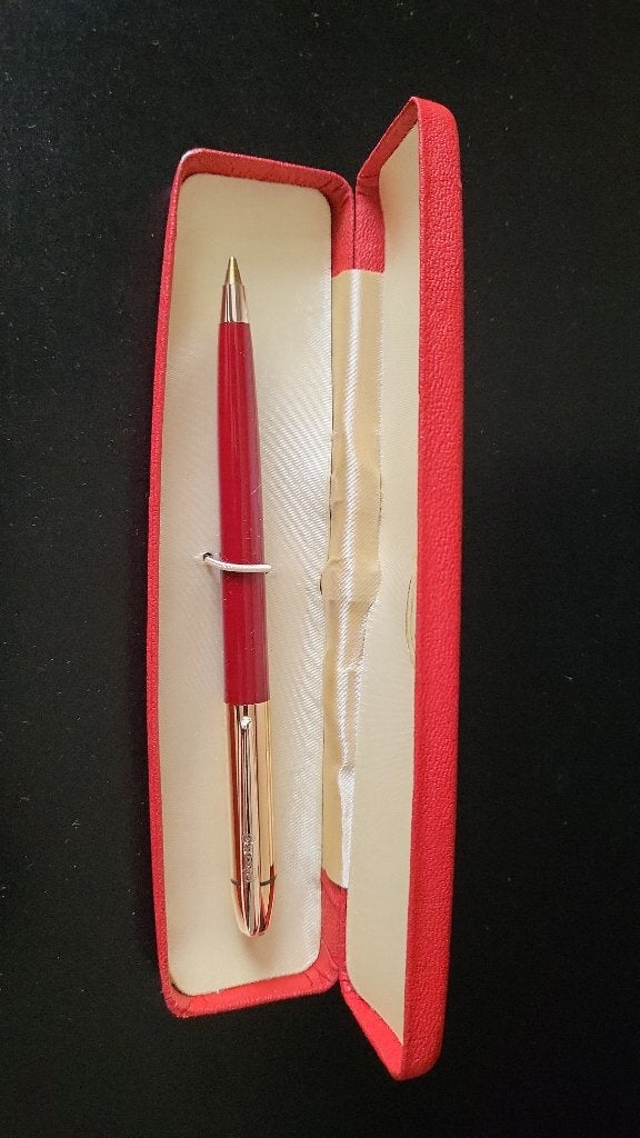 Vintage Biro De Luxe Balpen – 23K Goud Verguld & Rood, Overige merken, Balpen, Nieuw, Met doosje