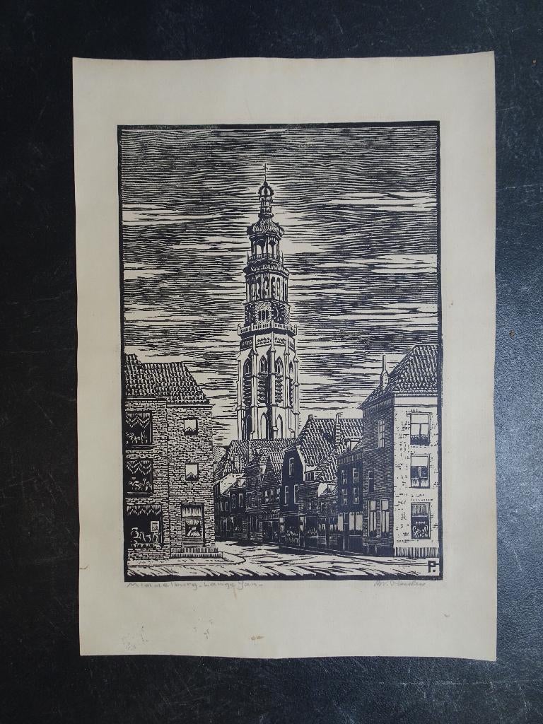 Oude houtsnede Kerk Lange Jan Middelburg, W. Paulus, Antiek en Kunst, Kunst | Etsen en Gravures, Stadsgezicht, 1950 - 1999, Verzenden