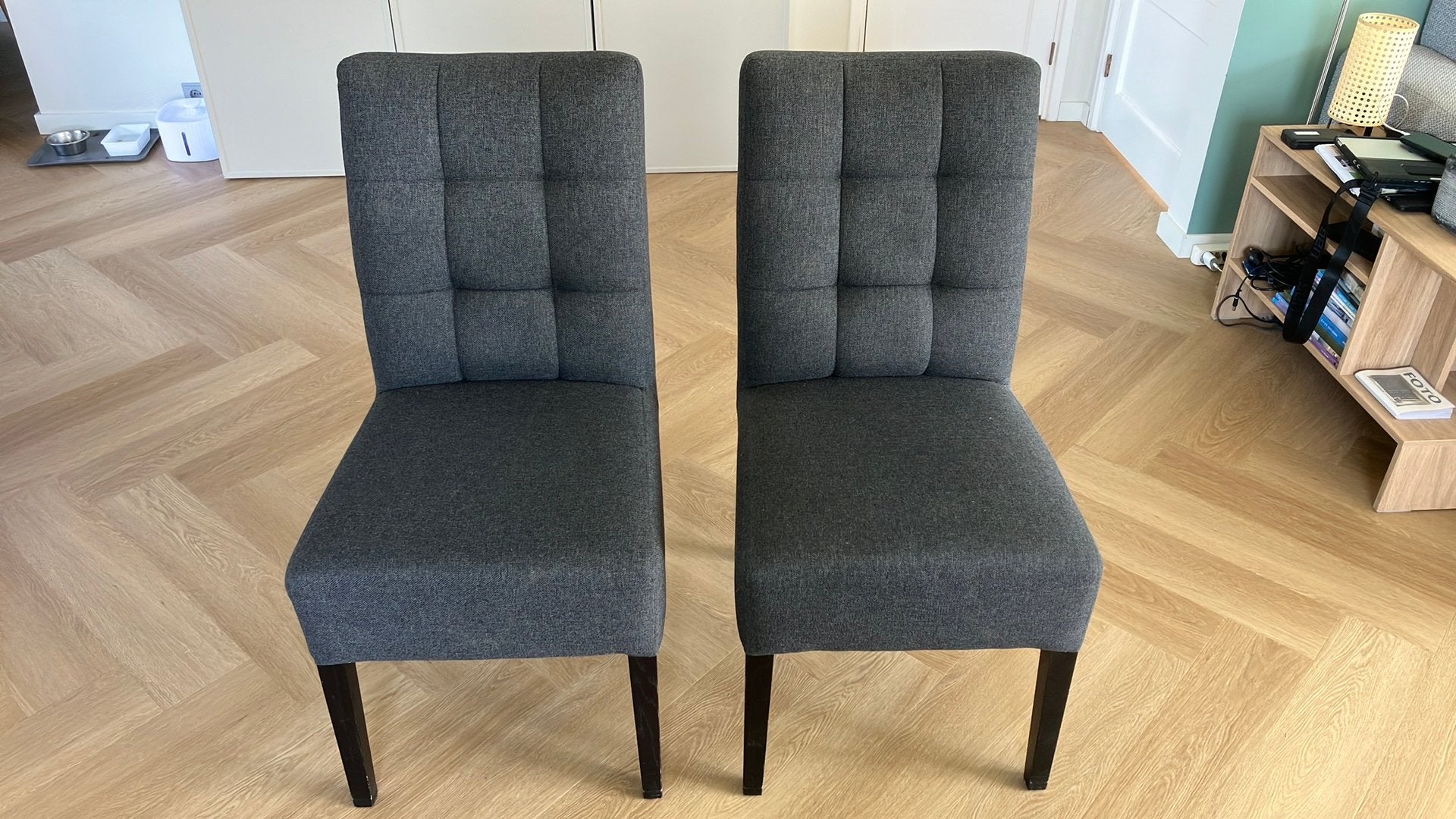Set van 6 antraciet eetkamerstoelen, Ophalen, Zo goed als nieuw, Vijf, Zes of meer stoelen, Stof