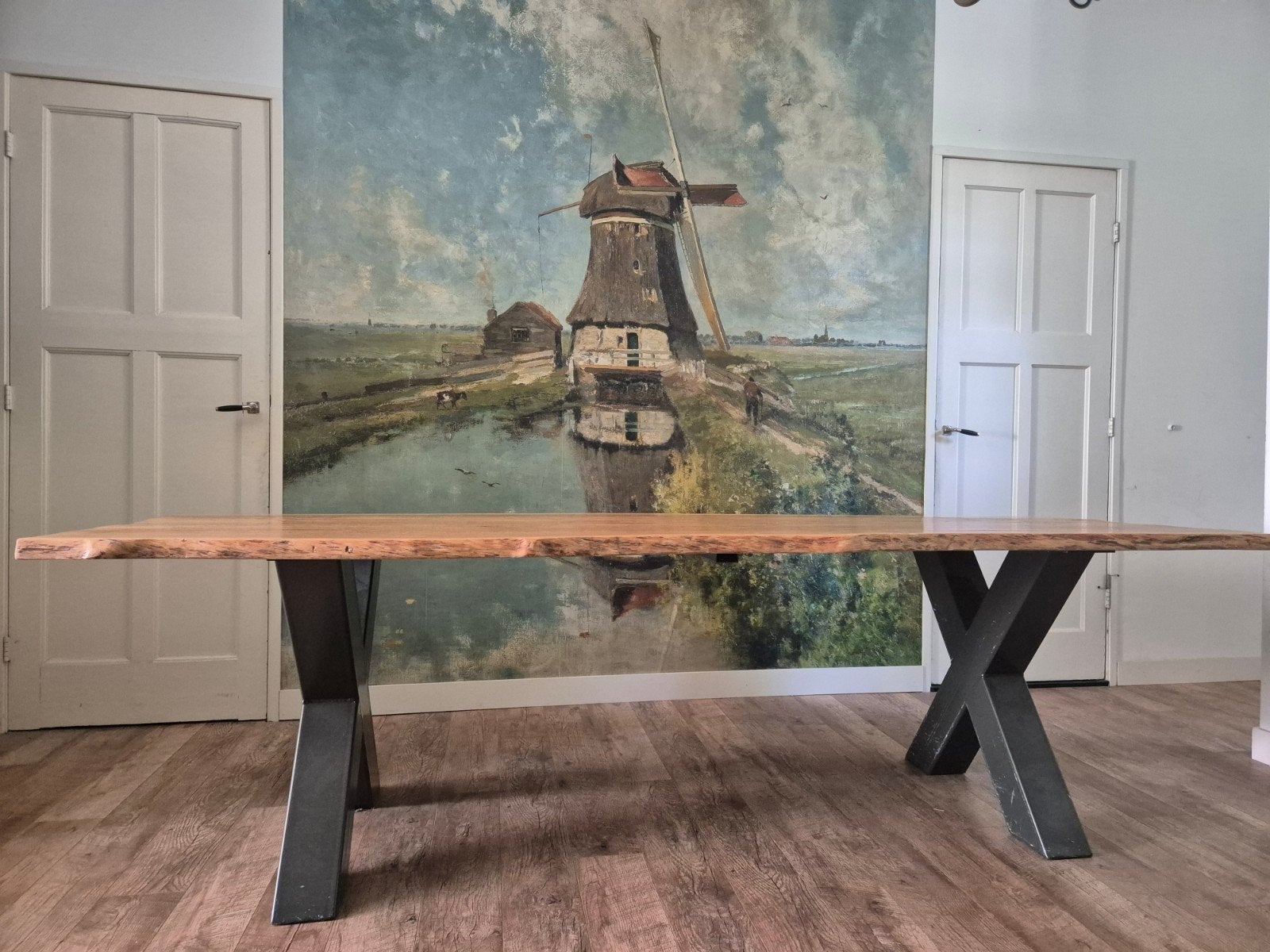 Eikenhouten eettafel met metalen onderstel (demontabel), Gebruikt, 200 cm of meer, Vijf personen of meer, Eikenhout