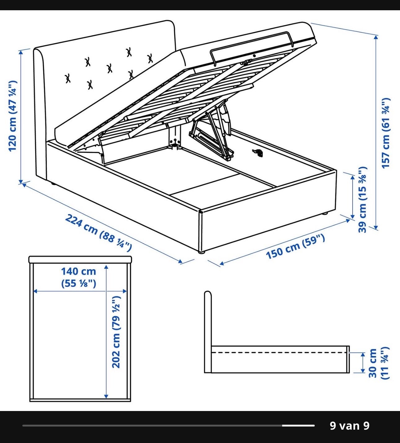 IKEA IDANÄS Gestoffeerd Bed 140x200 met Opbergruimte + Matra, Ophalen, Tweepersoons, 140 cm, Zo goed als nieuw