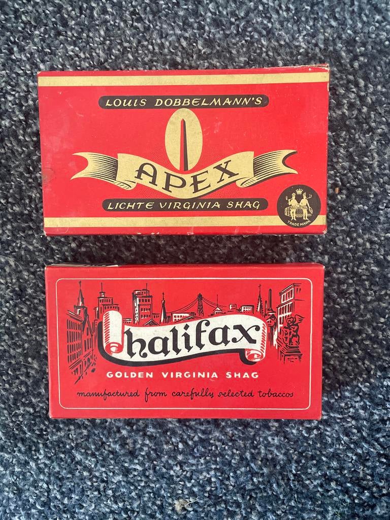 Vintage tabaksdozen: Apex en Halifax shag, Ophalen of Verzenden, Gebruikt, Tabaksdoos of Verpakking
