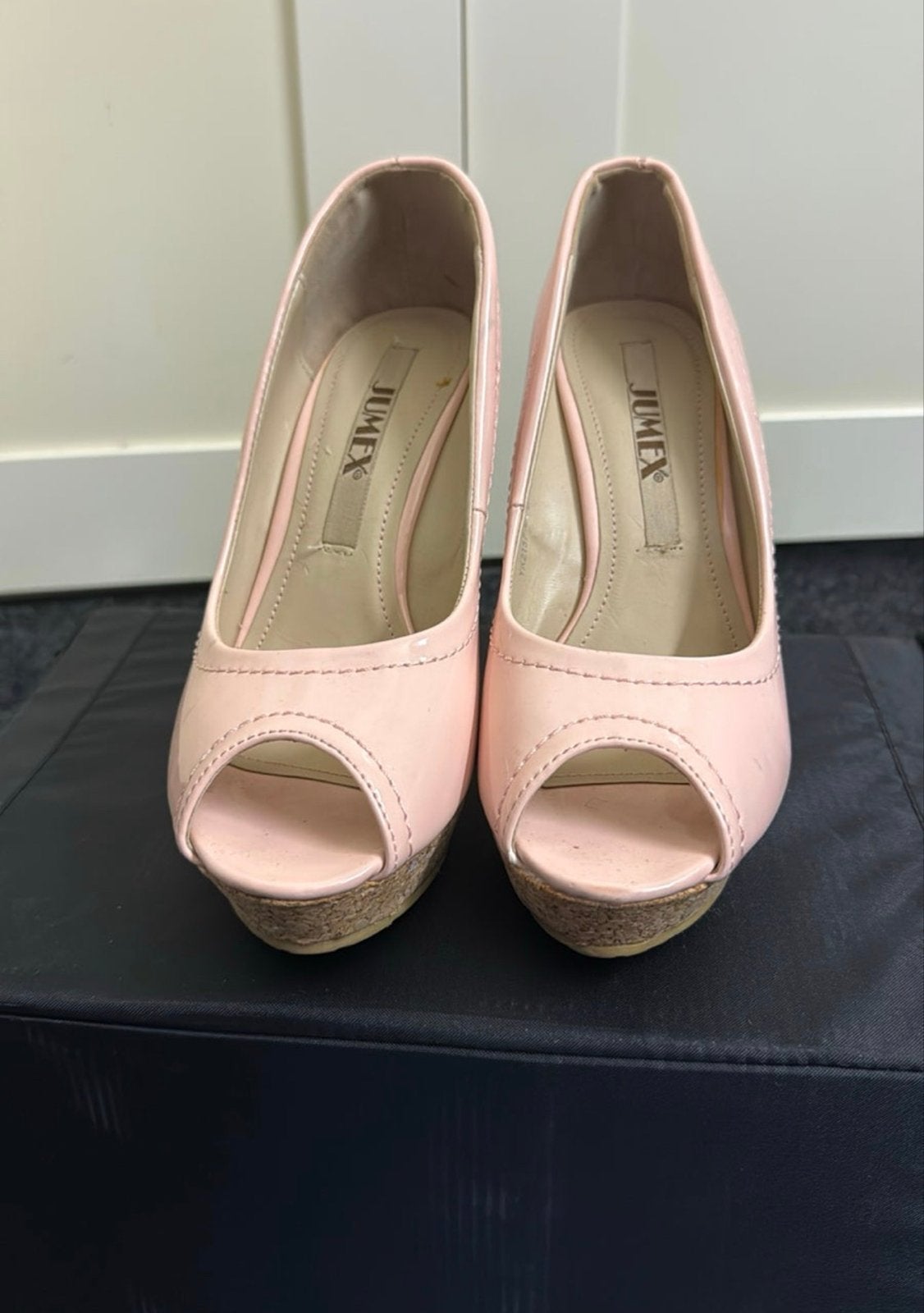 Jumex Roze Peeptoe Wig Hakken Maat 38, Ophalen of Verzenden, Zo goed als nieuw, Roze, Schoenen met hoge hakken