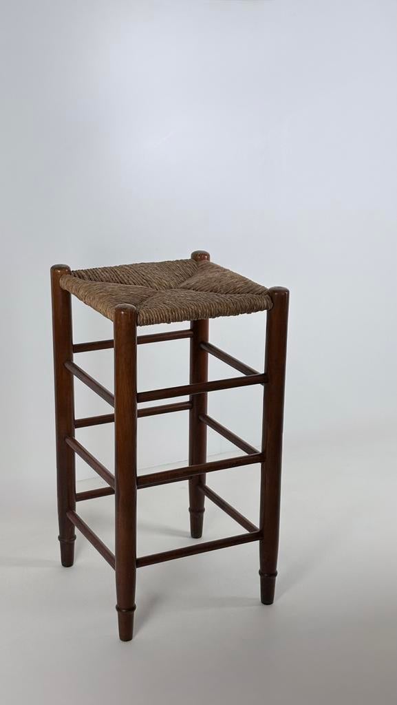 Vintage rotan houten (bar)kruk Perriand Faucheux stijl, Ophalen, Met voetsteun, ., Vintage