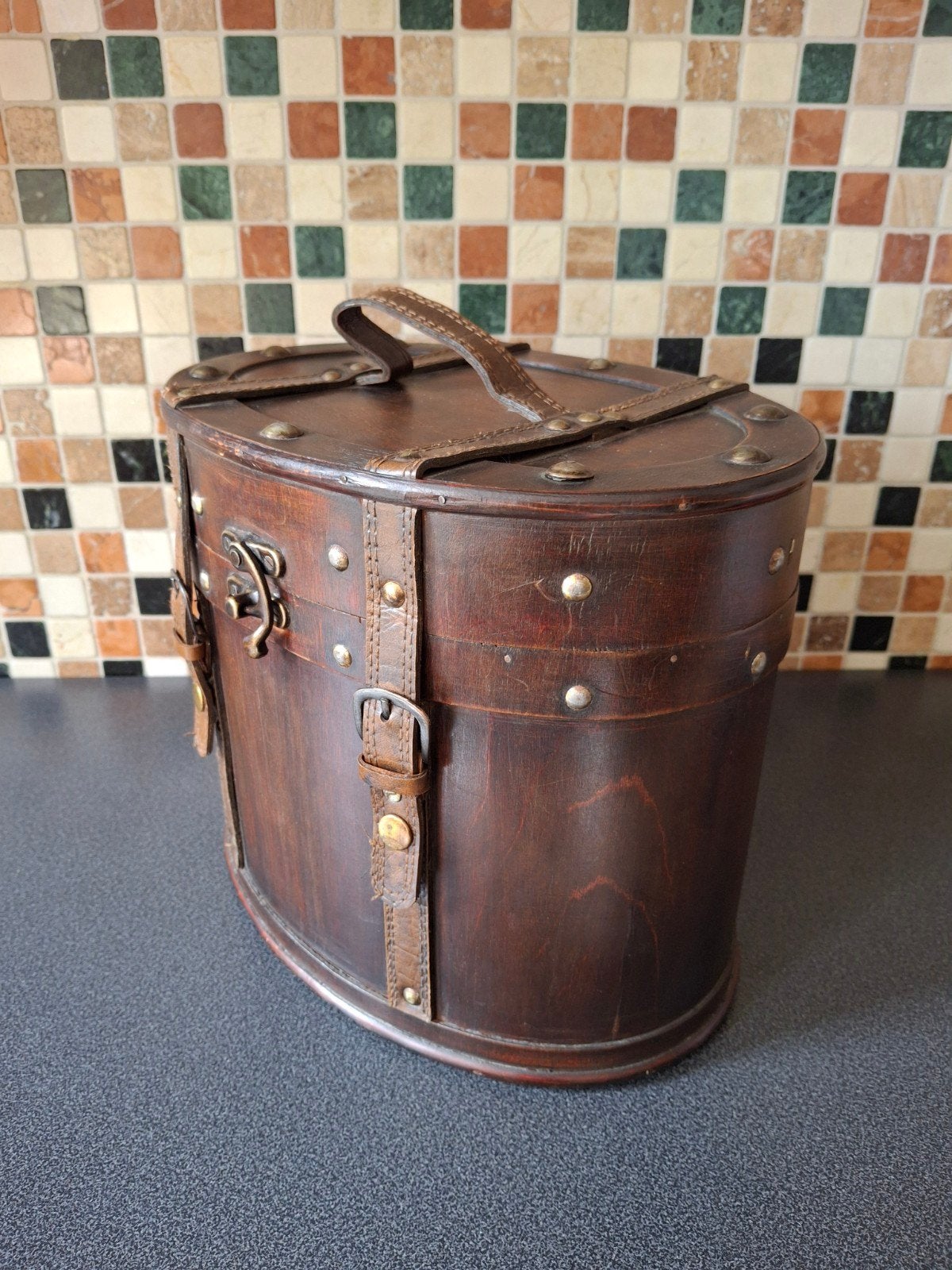 Vintage houten hoedendoos met lederen accenten, Ophalen of Verzenden