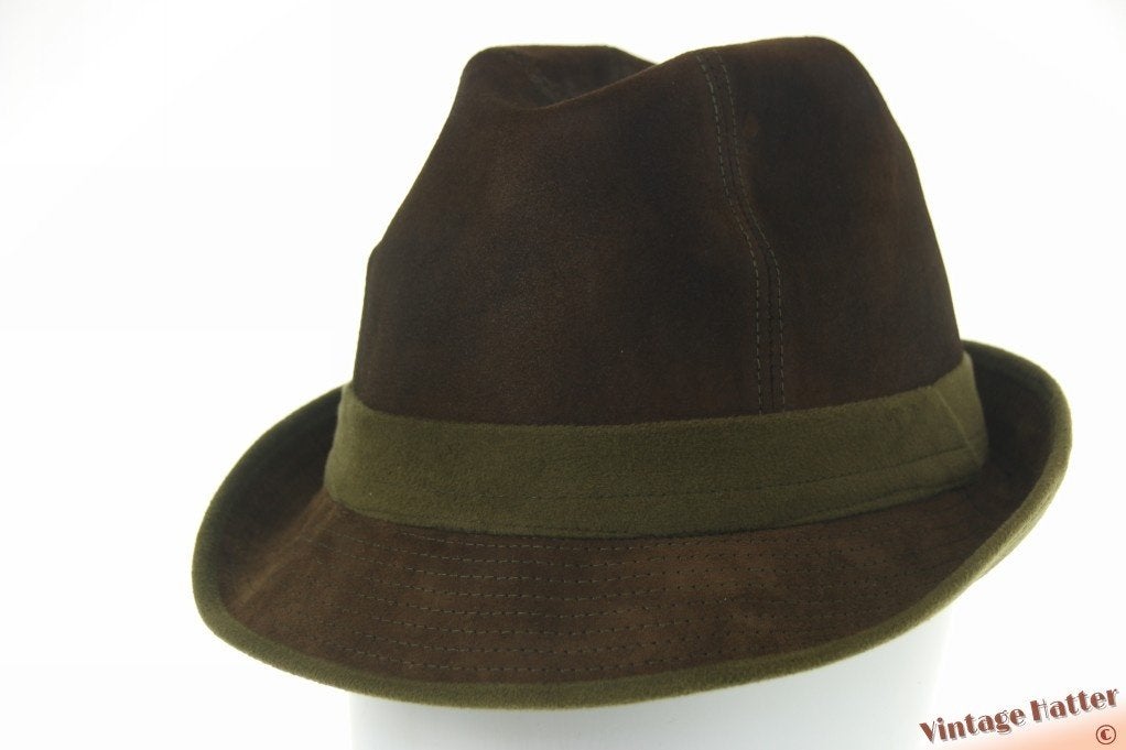 Vintage hoed Trilby heren vissershoed groen bruin leer 56,5, Ophalen of Verzenden, Gedragen, 57 cm (M, 7⅛ inch) of minder, Hoed