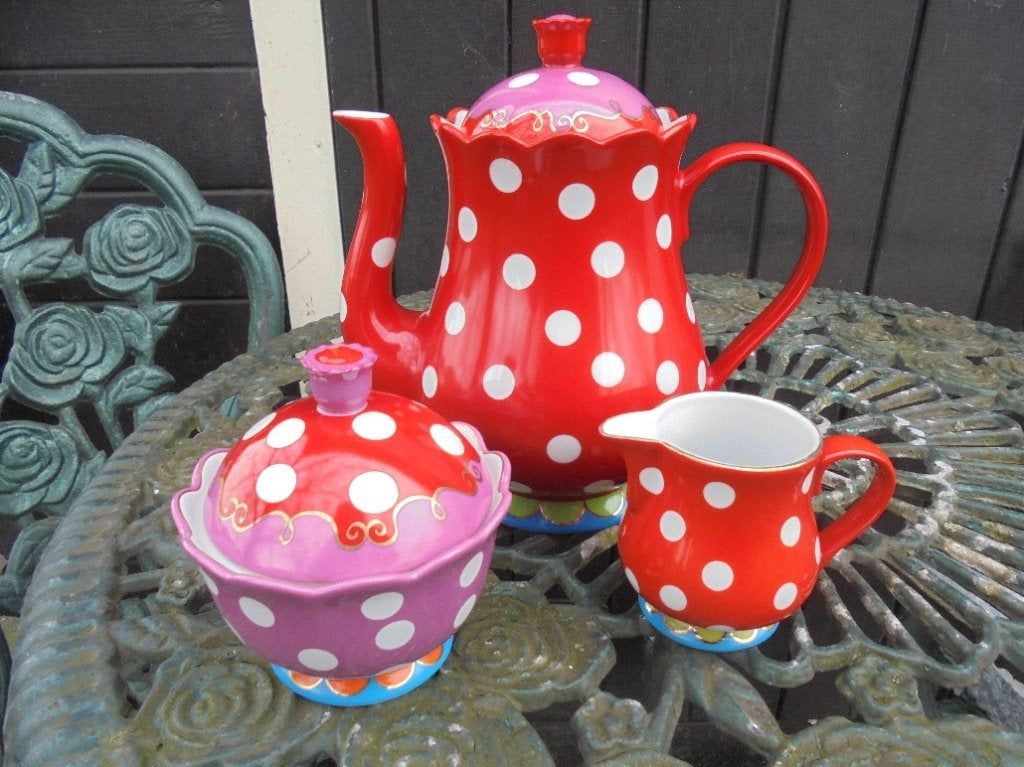 Rood / witte stippen Koffiepot + Melkkan Oilily DE Douwe Egb, Overige typen, Ophalen of Verzenden, Zo goed als nieuw, Overige stijlen