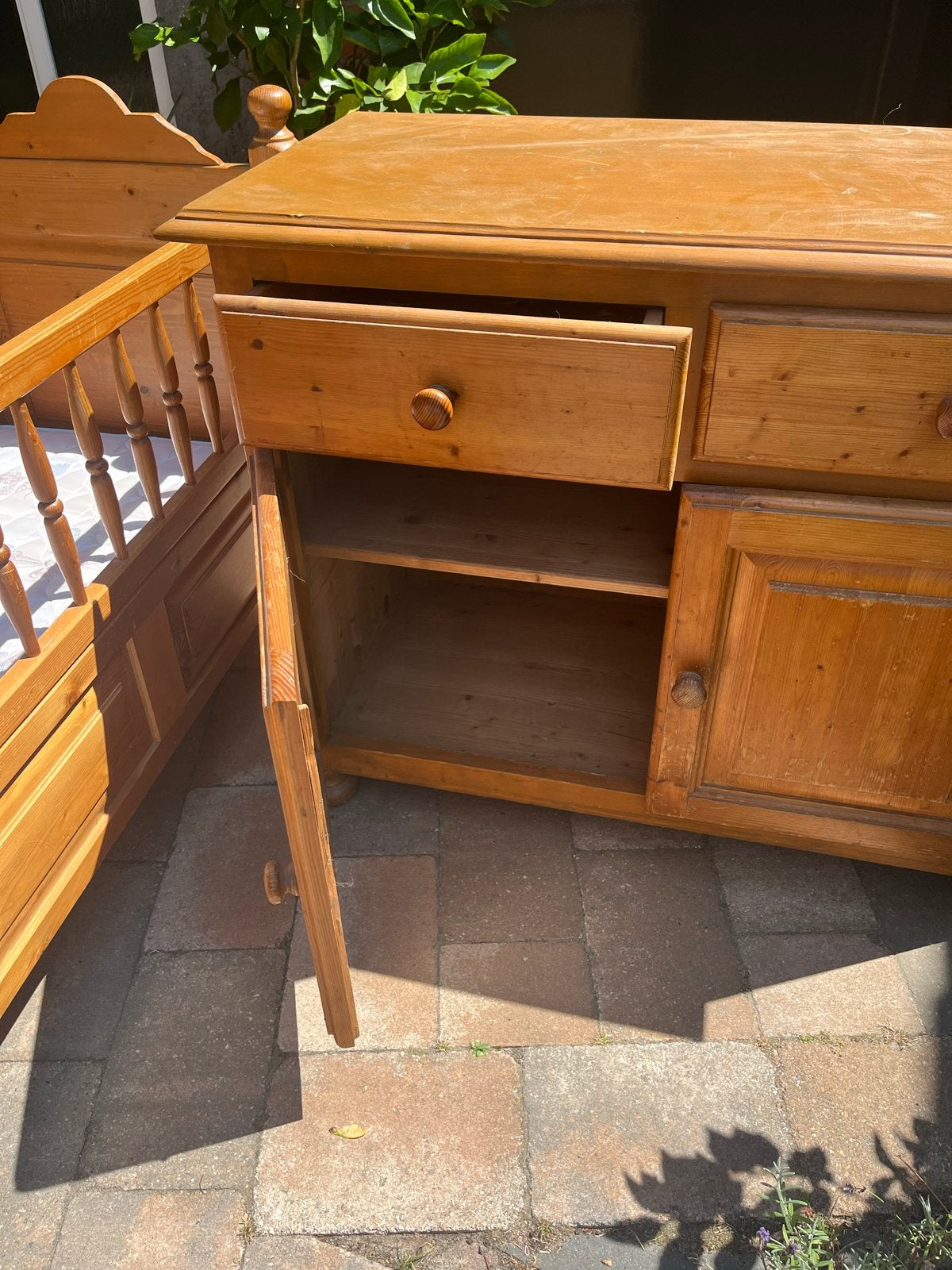 Vintage grenen houten ledikant met commode, Ophalen, Gebruikt, Ledikant