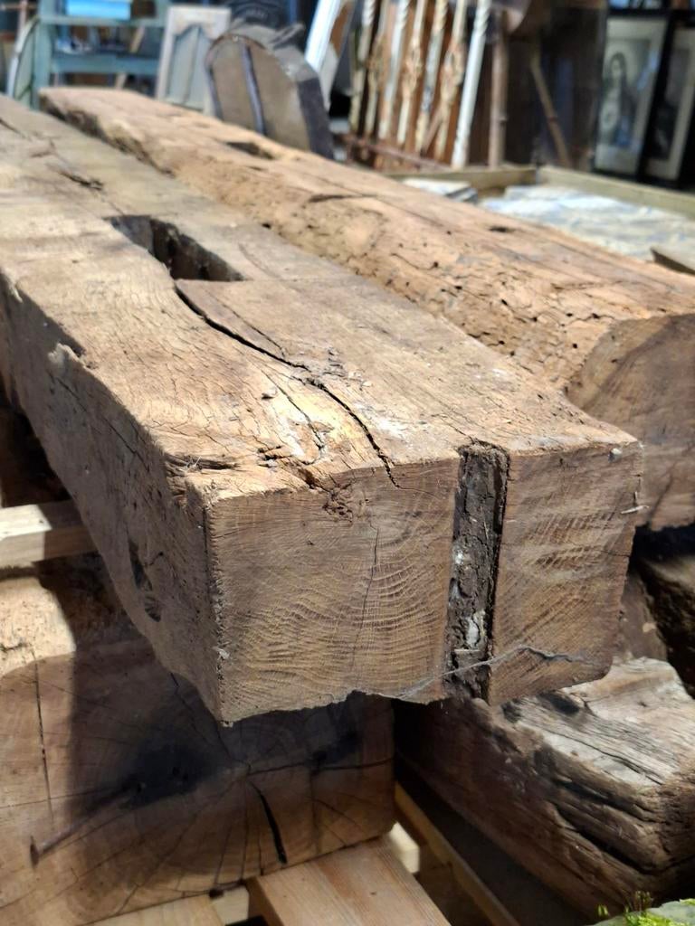 Mooie oude eiken gebintbalken voor balkmeubels, Doe-het-zelf en Verbouw, Hout en Planken, Ophalen, Gebruikt, Eiken, Balk