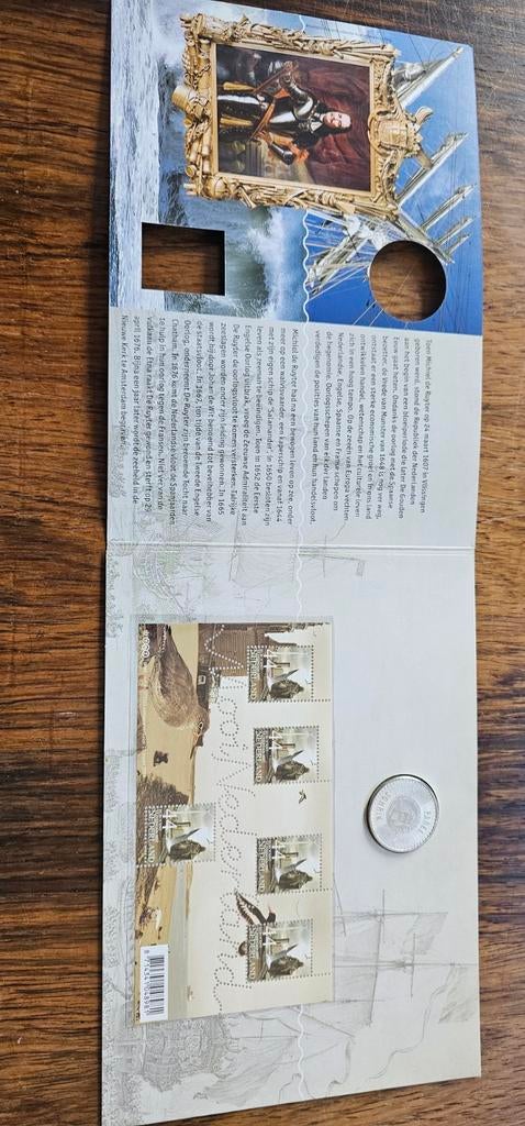 Michiel de Ruyter +postzegelvel + € 5,00 munt, Verzenden, Koningin Beatrix, Euro's