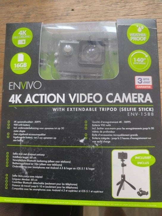 Envivo 4K Action Video Camera met uitschuifbare tripod, Ophalen of Verzenden, Nieuw, Overige merken