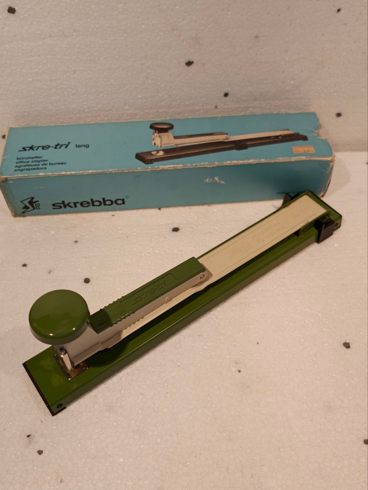 Vintage Skrebba Skre-Tri Lang nietmachine in doos, Ophalen of Verzenden, Gebruikt