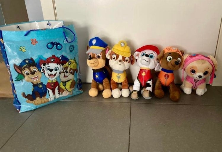 5 knuffels van Paw Patrol + zak + bowling, Ophalen of Verzenden, Zo goed als nieuw, Overige typen