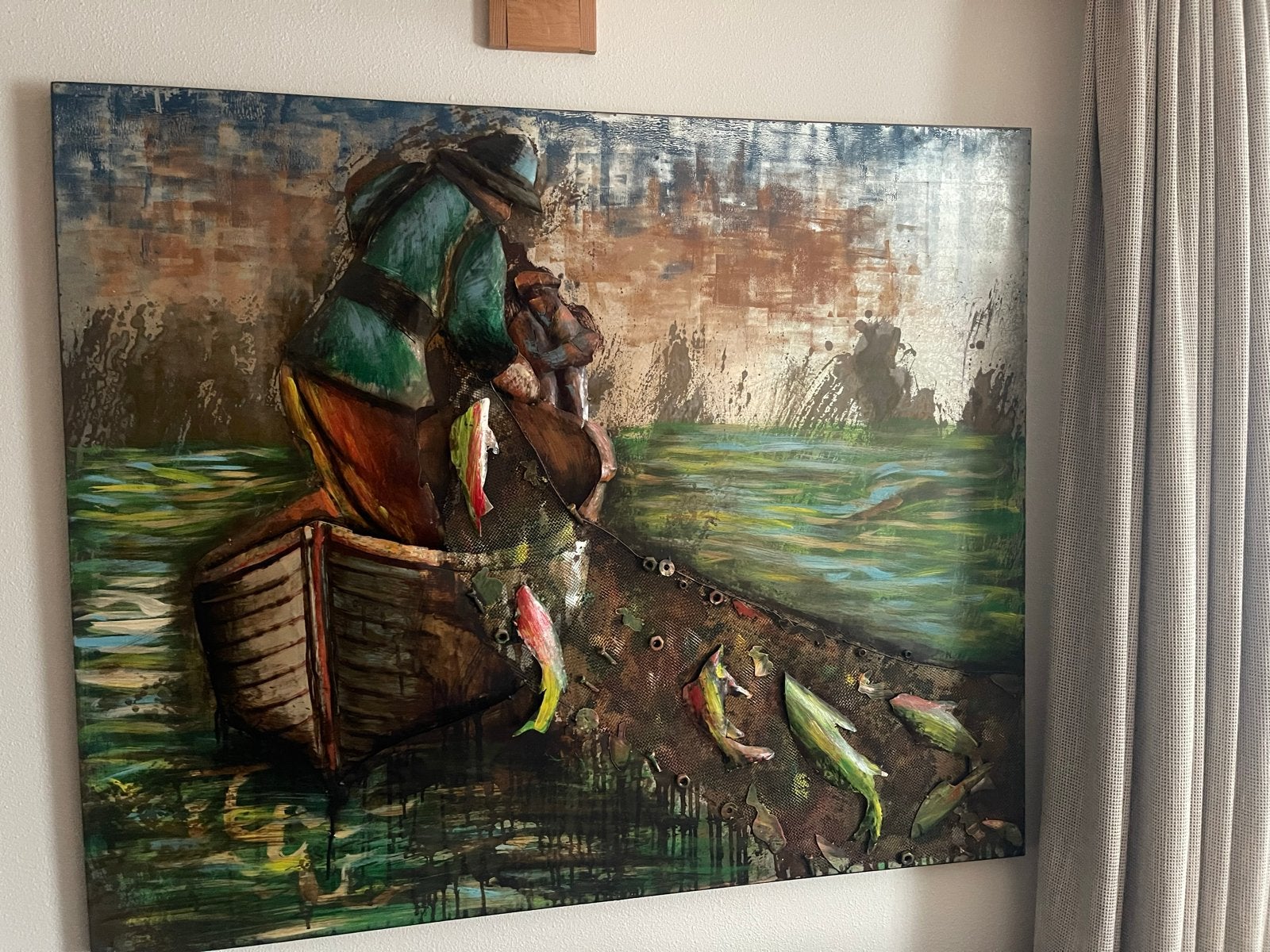 Uniek 3D schilderij van vissersboot 1.20cm bij 1 meter, Ophalen, Maritiem / water, Realistisch, Metaal