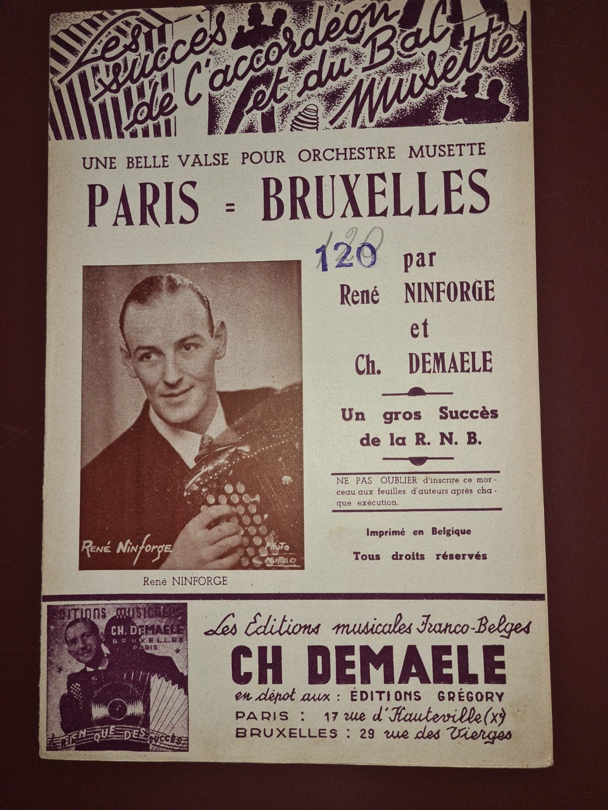 Vintage bladmuziek: Parijs - Brussel (Wals Musette), Gebruikt, Overige genres, Piano, Ophalen of Verzenden