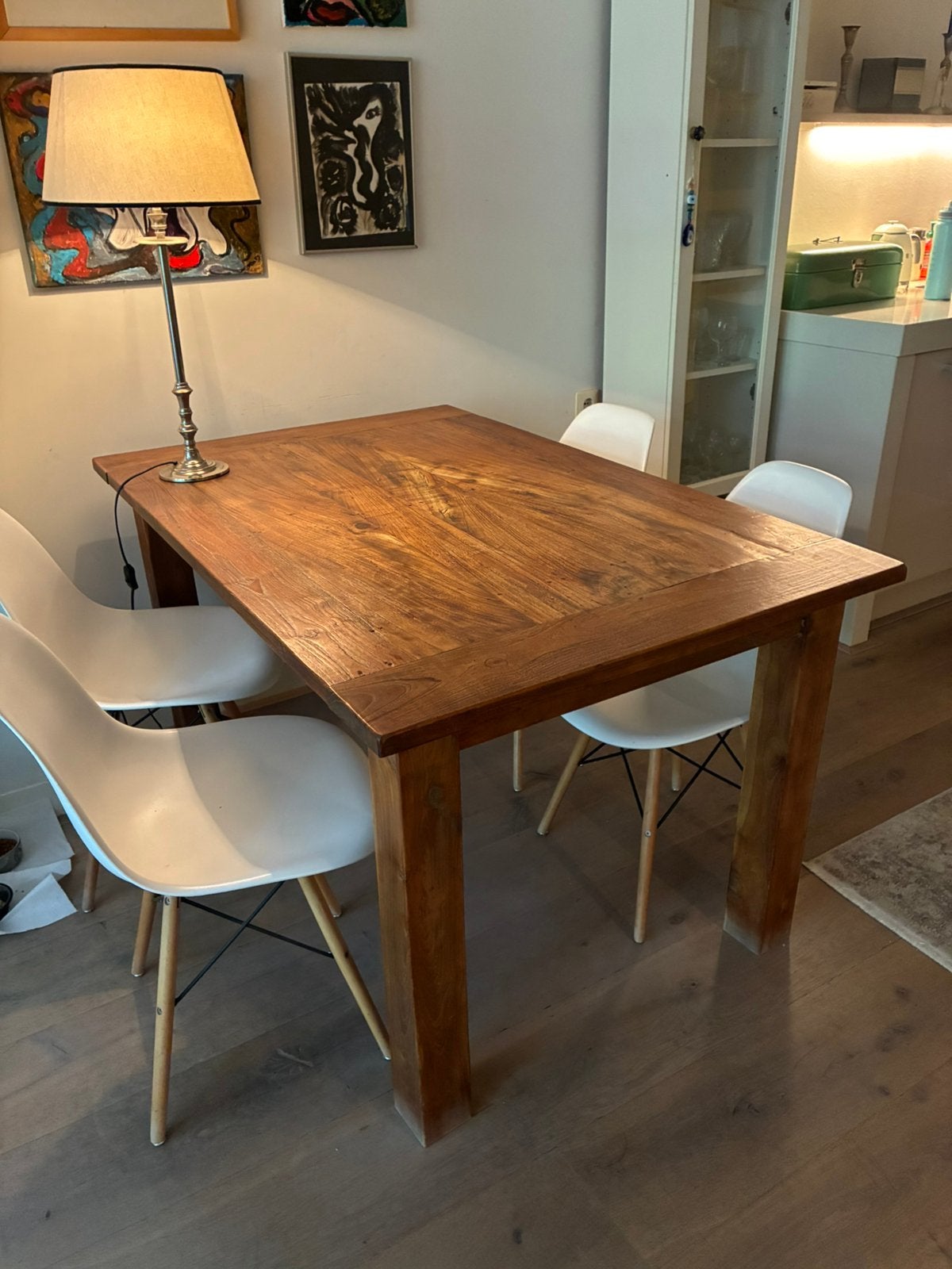 Teak houten eettafel met 4 stoelen, Huis en Inrichting, Gebruikt, 100 tot 150 cm, Teakhout, Elegant en robuust