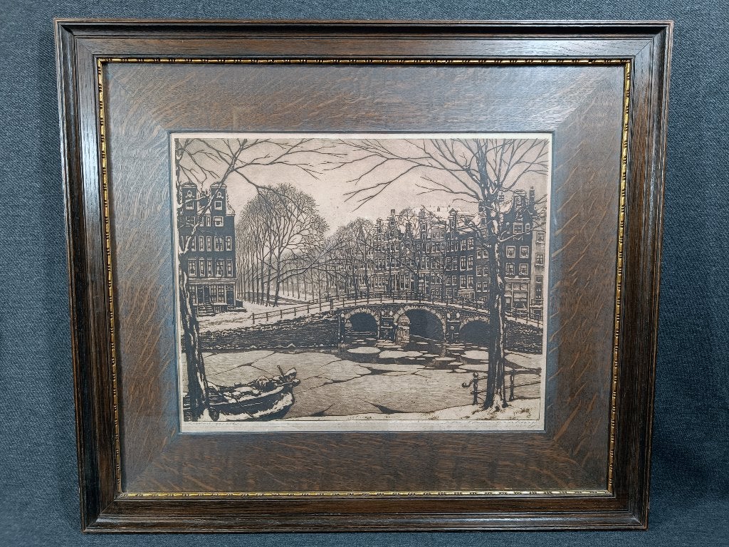 Cornelis Brandenburg - Ets Leidschegracht, Ophalen, Ingelijst, 1900 - 1949, Ets