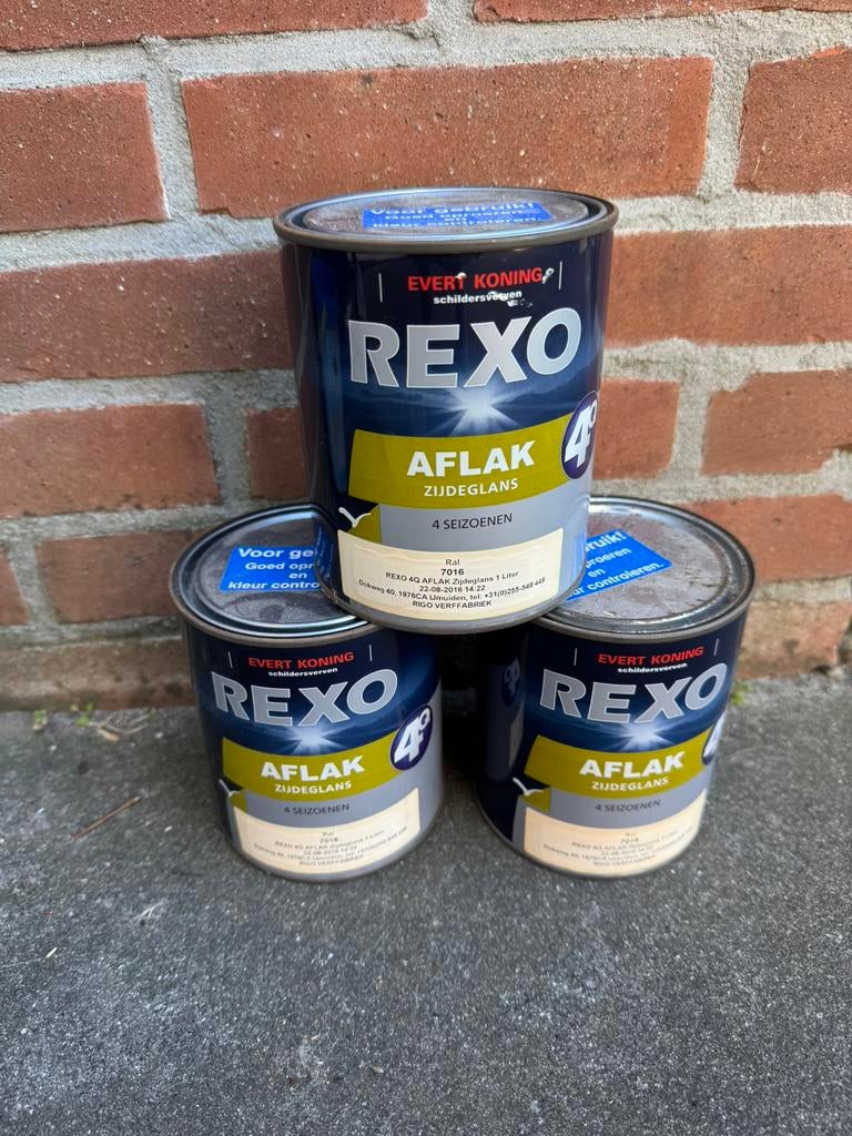 3 potten Rexo 4Q aflak 4 seizoenen zijdeglans verf ral 7016, Nieuw, Ophalen of Verzenden, Lak, Grijs