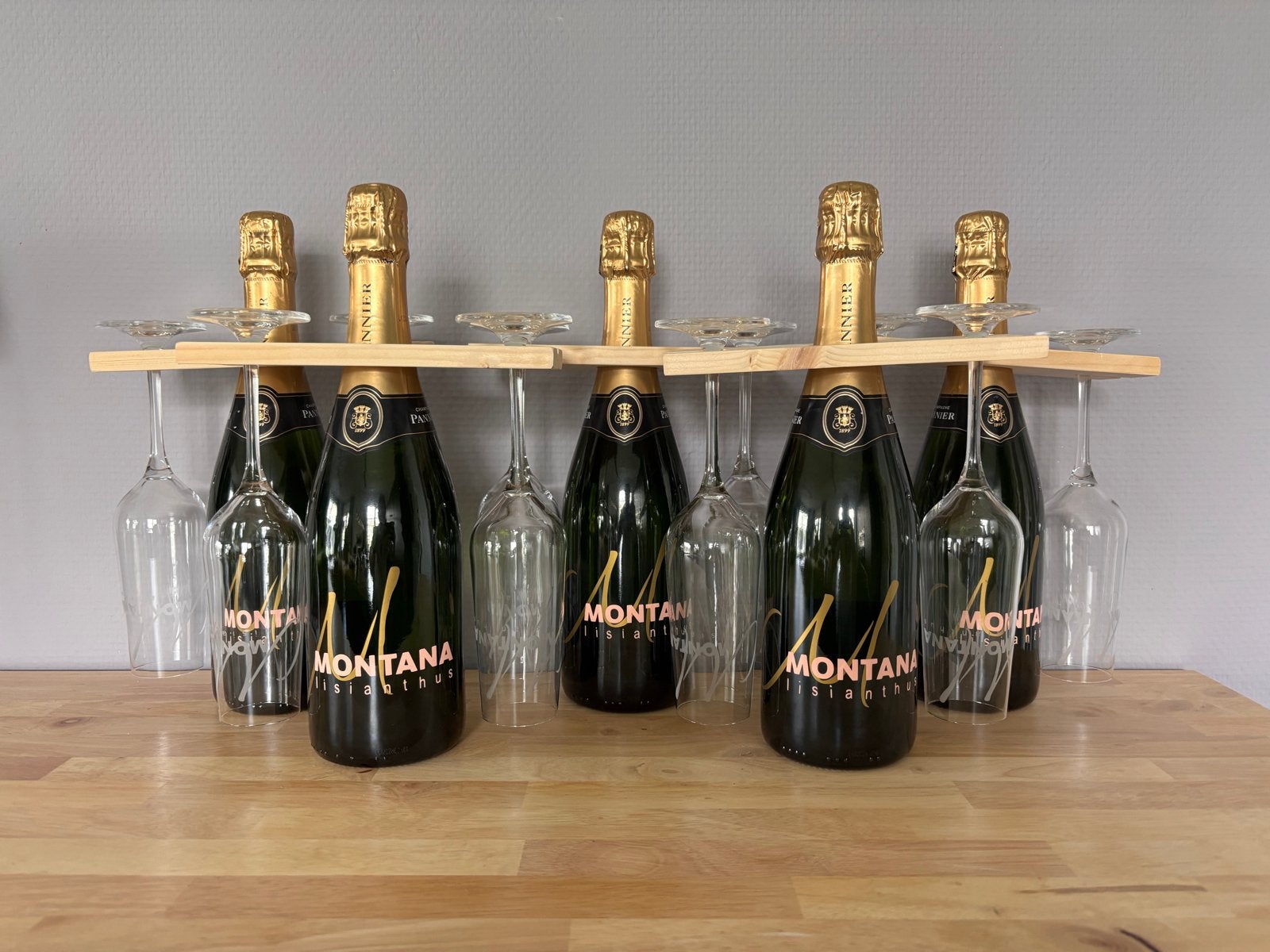 Gepersonaliseerde champagnefles met glazen en houder, Ophalen of Verzenden, Nieuw, Hout, Minder dan 5 flessen
