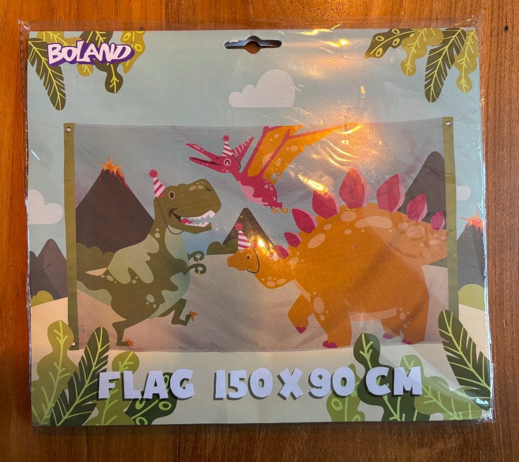 Nieuwe Dino verjaardags vlag (Boland) 150X90cm, Verzenden, Nieuw, Versiering, Verjaardag