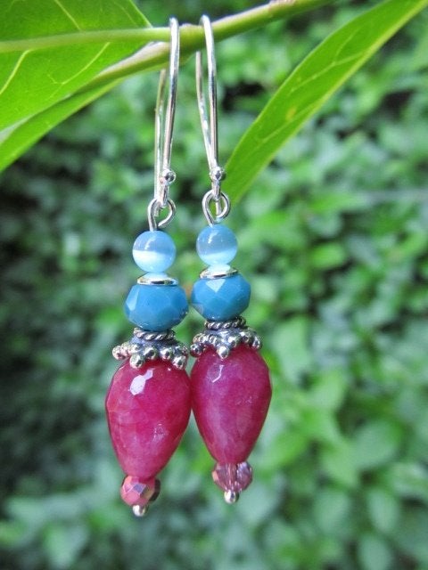 Oorbellen Pink Blue Summer jade-cateye-kristalglas zilver, Sieraden, Tassen en Uiterlijk, Edelstenen, Ophalen, Nieuw