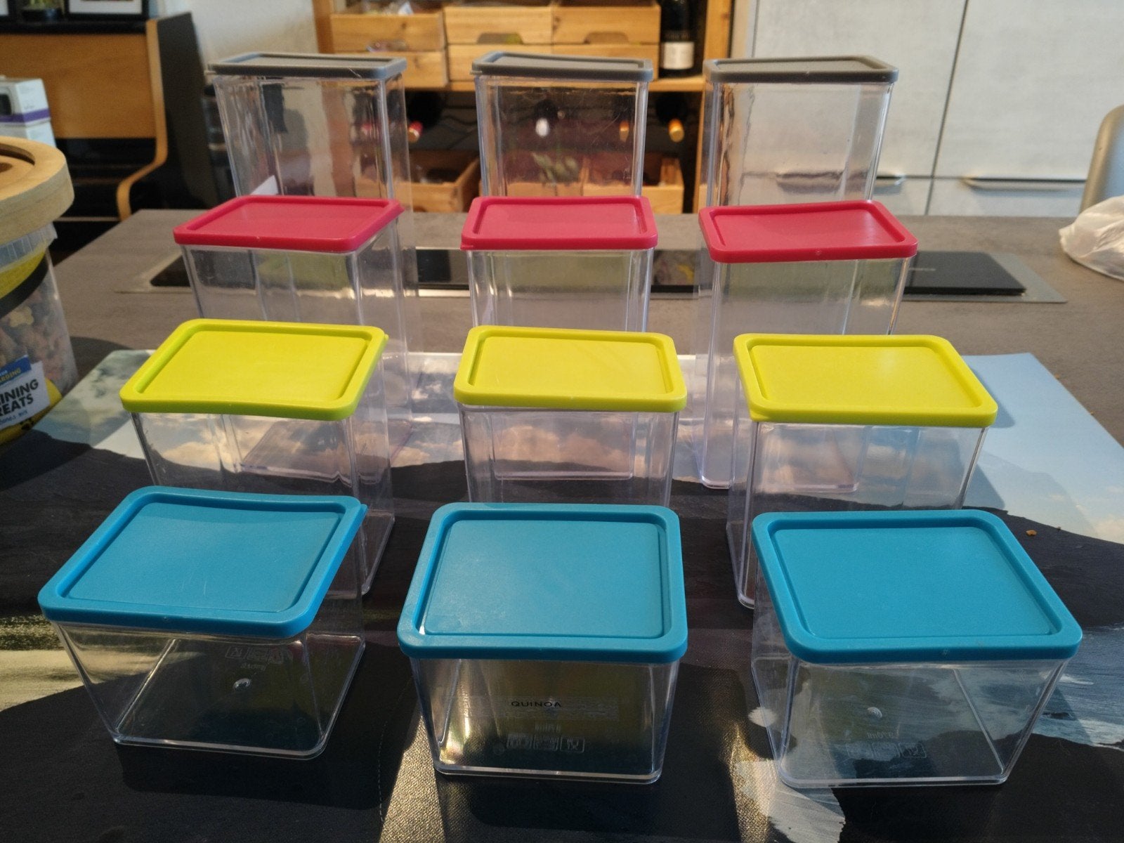 Set van 12 Voorraadpotten met Gekleurde Deksel, Ophalen, Kunststof, Zo goed als nieuw, Voorraadpot