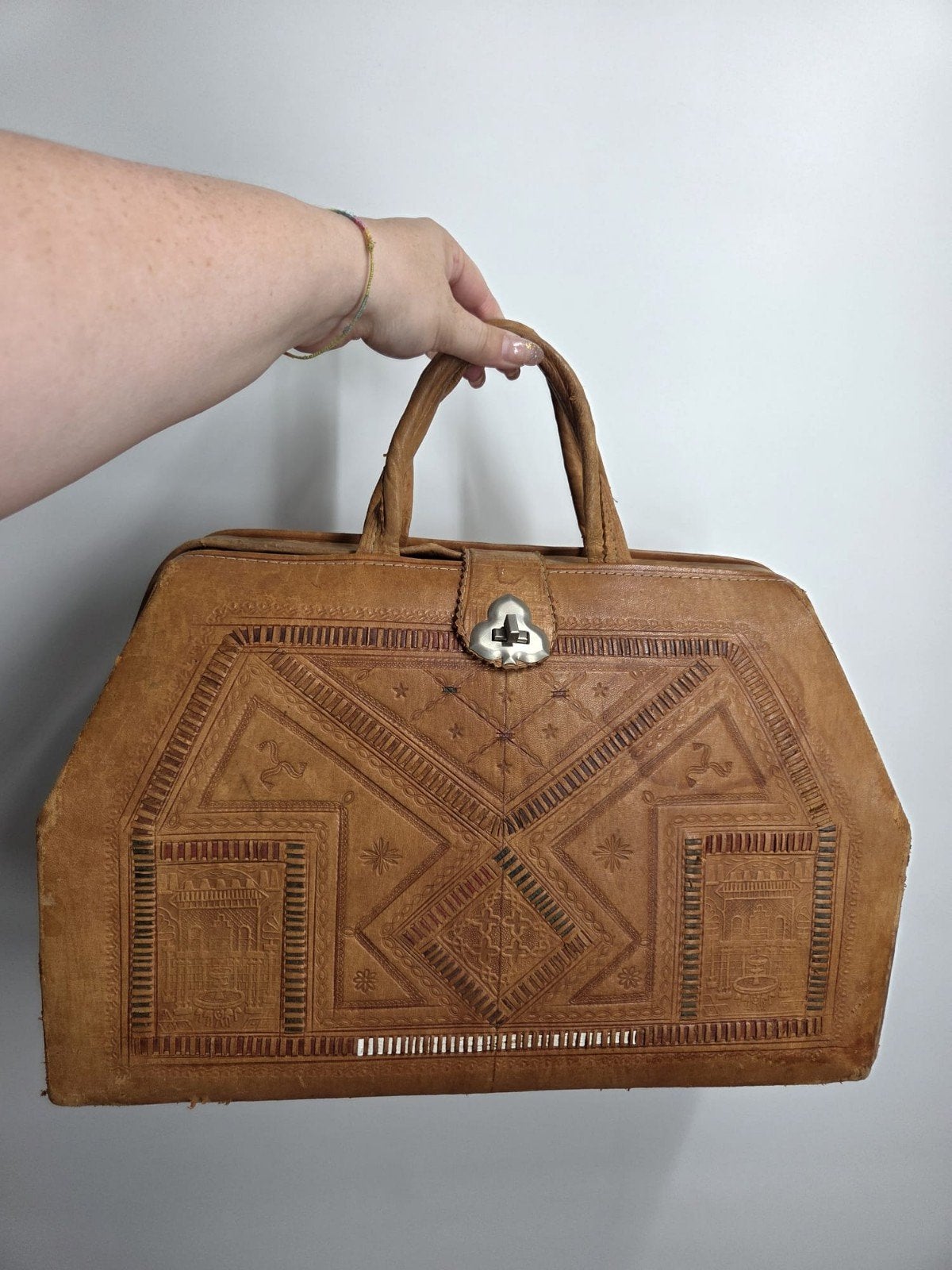 Vintage Marokkaanse Leren Dokterstas - Handgemaakt Boho, Unique, Gebruikt, Ophalen of Verzenden, Handtas