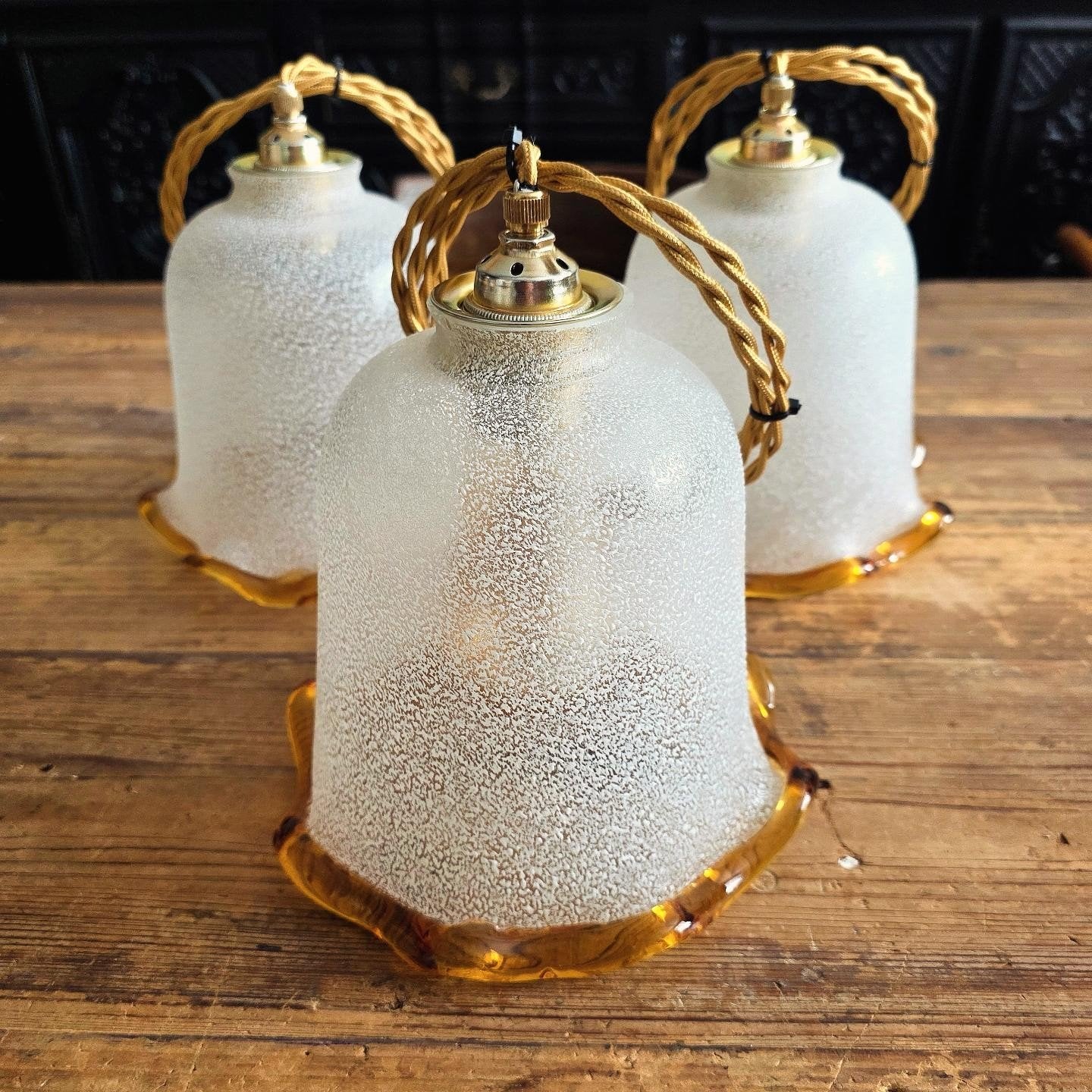 Vintage mondgeblazen tulpvormige glazen hanglamp. 3 stuks!, Ophalen of Verzenden, Glas