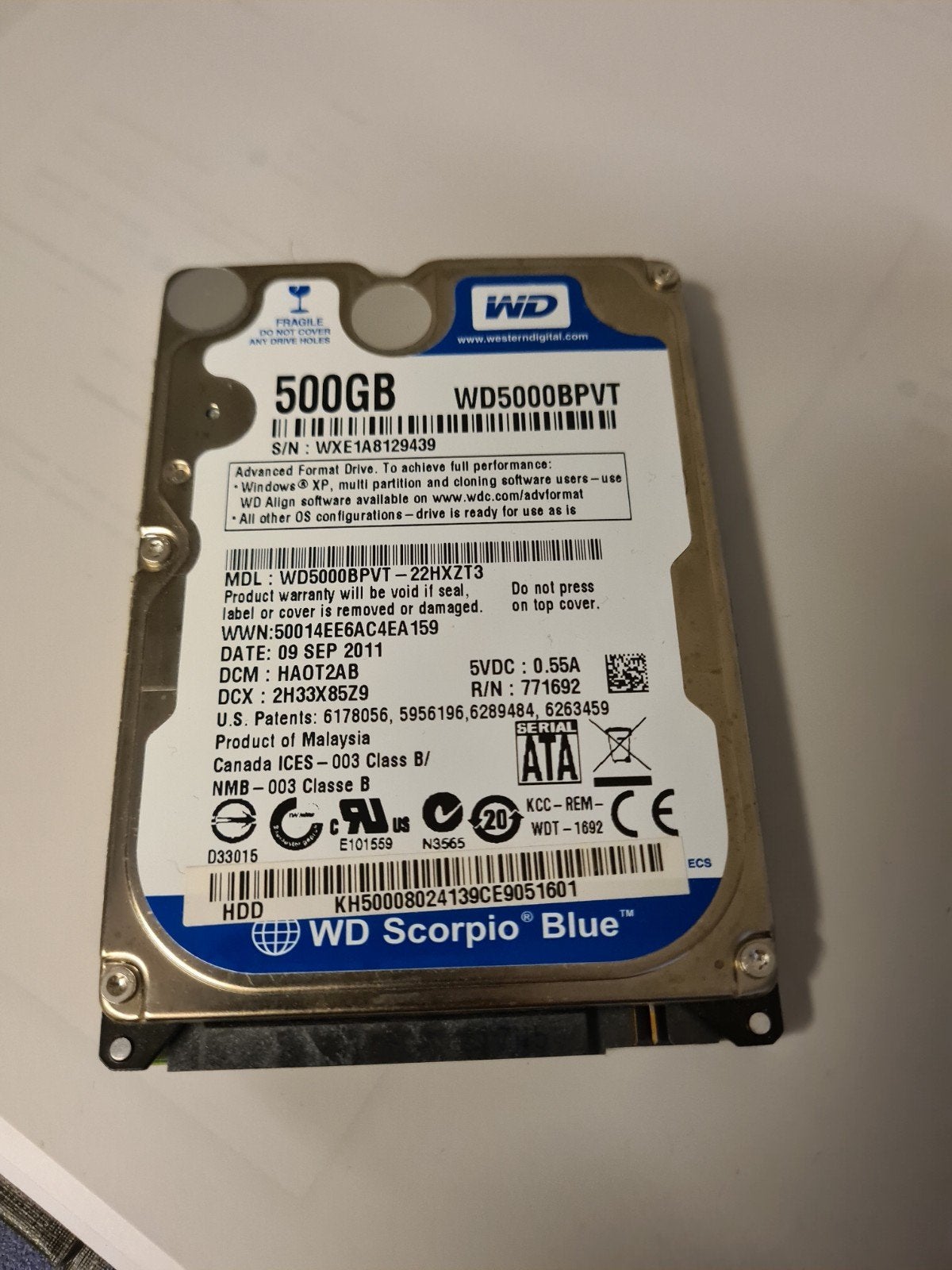 Western Digital Blue 500GB 2.5" HDD (WD5000BPVT), Intern, Gebruikt, 500 GB, Laptop