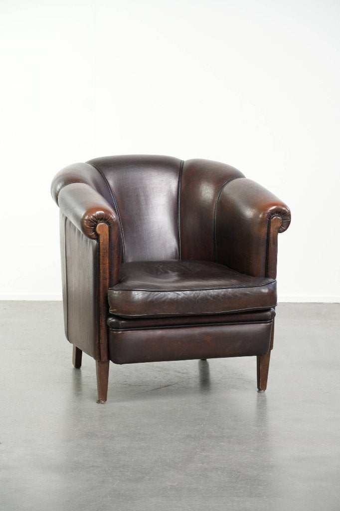 Donkere schapenleren clubfauteuil in Engelse stijl, Ophalen, Gebruikt, /, Engels