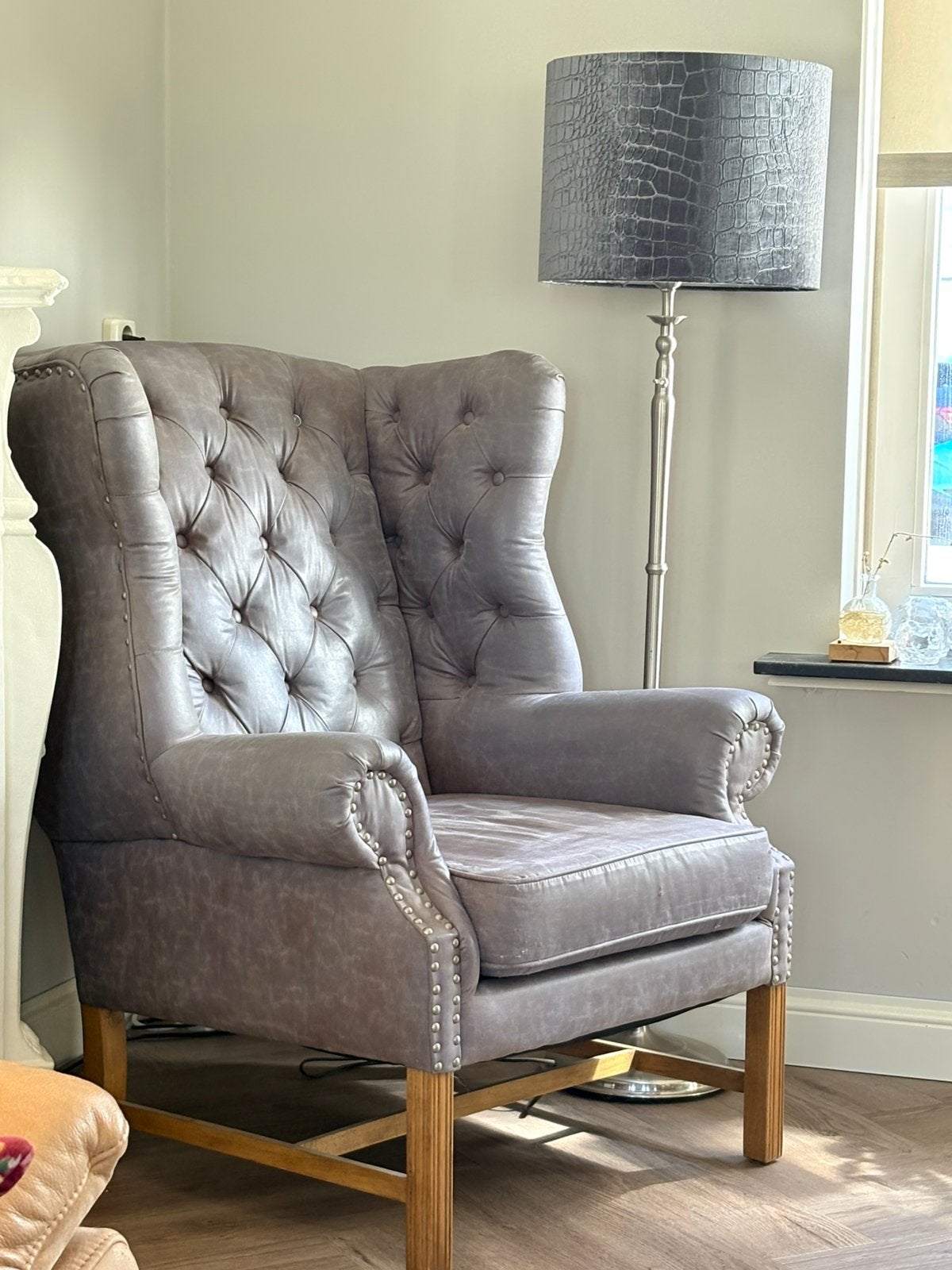 Riviera Maison Franklin wing chair fauteuil grijs, Huis en Inrichting, Ophalen, Zo goed als nieuw, 50 tot 75 cm, Leer