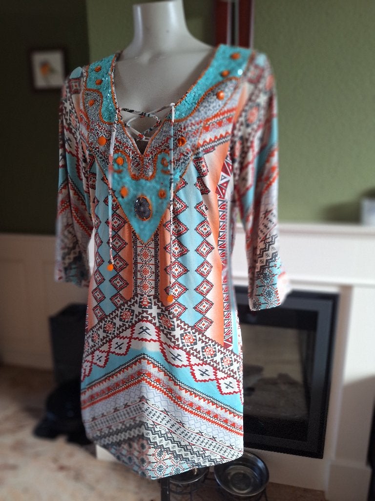 K-design Aqua oranje pailletten en kralen jurk L, K-design, Verzenden, Maat 42/44 (L), Oranje