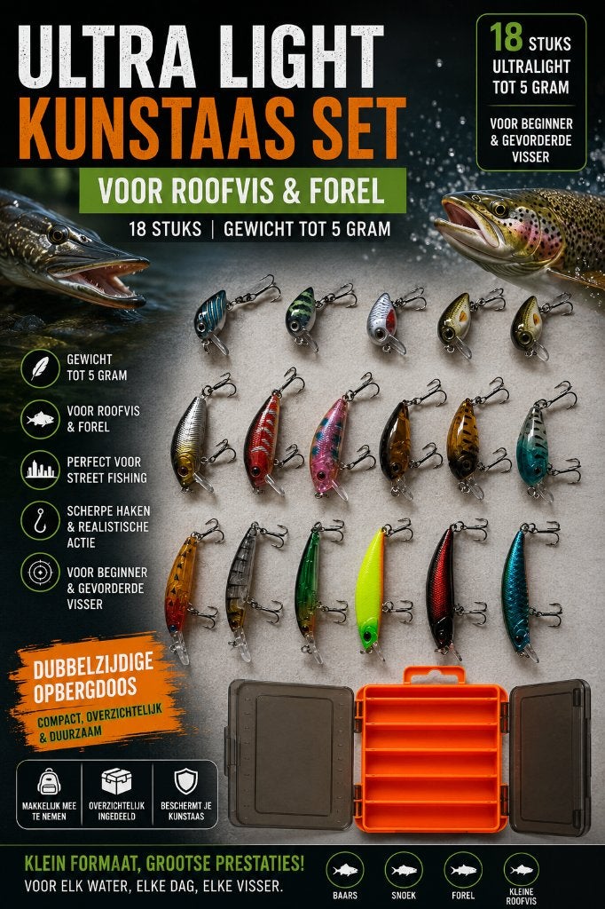 18-delige Ultralight Kunstaas Set voor Roofvis & Forel + Box, Watersport en Boten, Hengelsport | Roofvissen, Ophalen of Verzenden