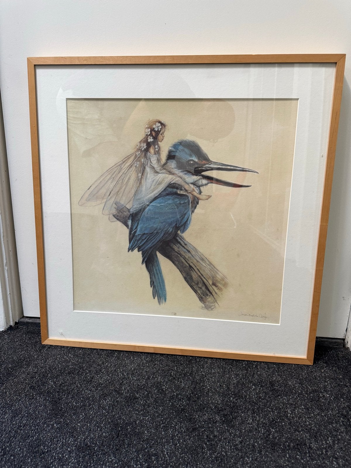 Schilderij met elfje op ijsvogel - Ingelijst, Ophalen of Verzenden, Print, Overige technieken, Ingelijst