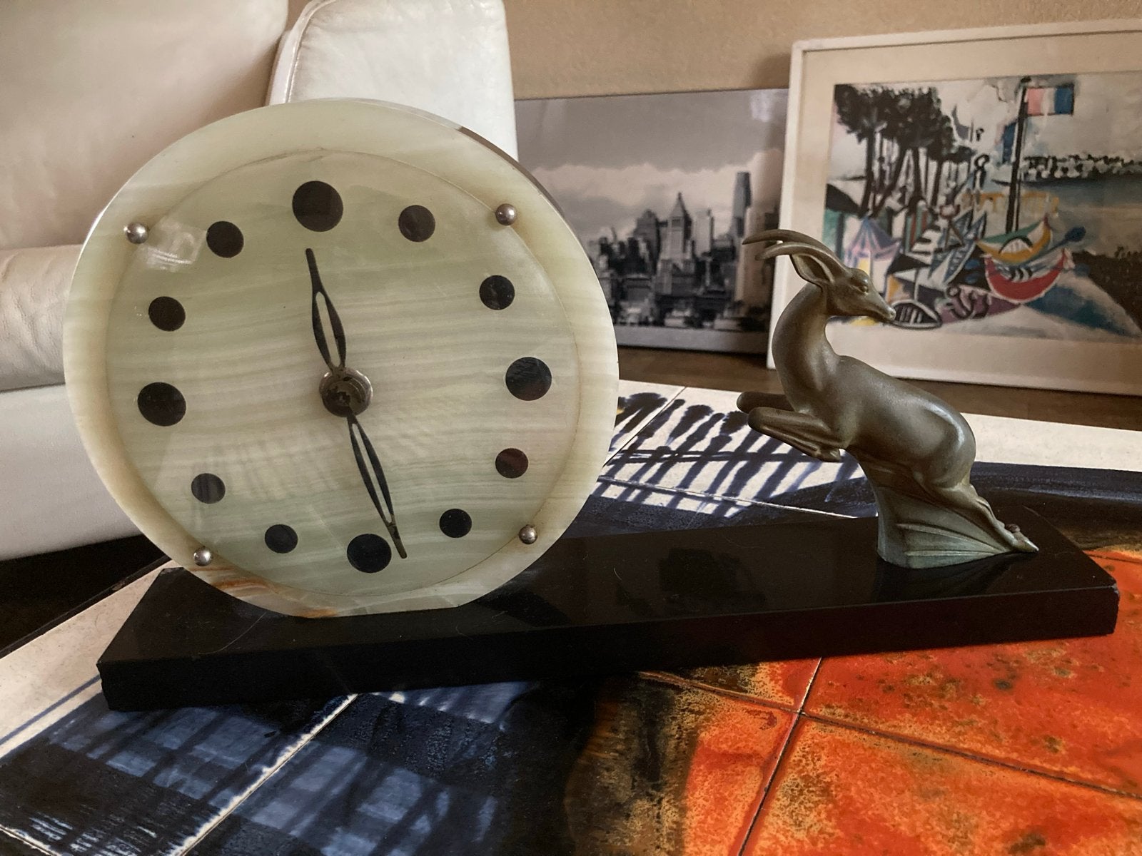 Prachtige Art Deco Hesma klok met gazelle sculptuur, Antiek en Kunst, Ophalen of Verzenden