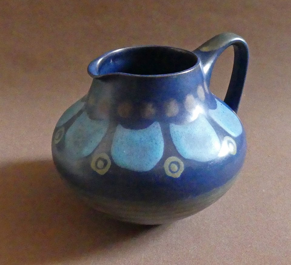 Vintage vaas KMK West-Germany oorvaas schenkkan blauw, Ophalen of Verzenden, Gebruikt, Blauw