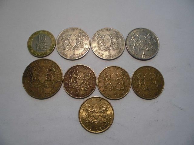 9 munten Kenia 10,1 shilling,10,5 cent 1971/1997, Postzegels en Munten, Munten | Afrika, Ophalen of Verzenden, Overige landen