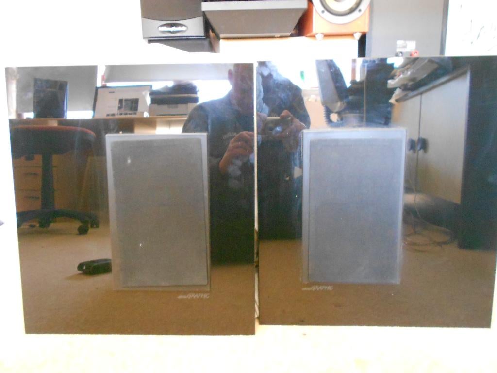 Mooie JAMO Graphic glazen luidsprekers, Ophalen, Gebruikt, 60 tot 120 watt, Front, Rear of Stereo speakers