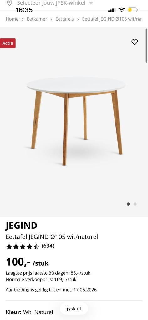 JYSK JEGIND Ronde Eettafel Wit/Naturel - Ø105 cm, Huis en Inrichting, Tafels | Eettafels, Ophalen, 100 tot 150 cm, Rond, Zo goed als nieuw