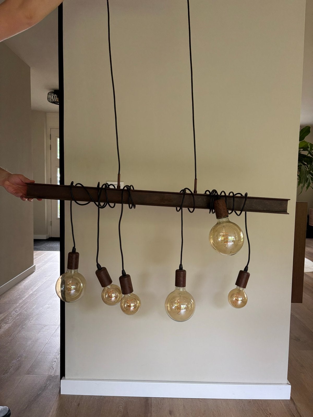 Industriële hanglamp met 6 Edison gloeilampen, Ophalen, Zo goed als nieuw, Metaal, E27 (groot)