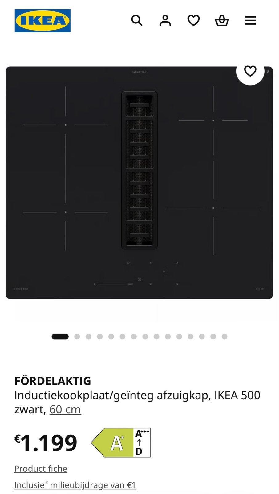 NIEUW - IKEA FÖRDELAKTIG 60cm Inductieplaat met afzuiging, Nieuw, Energieklasse A of zuiniger, Inbouw, Inductie