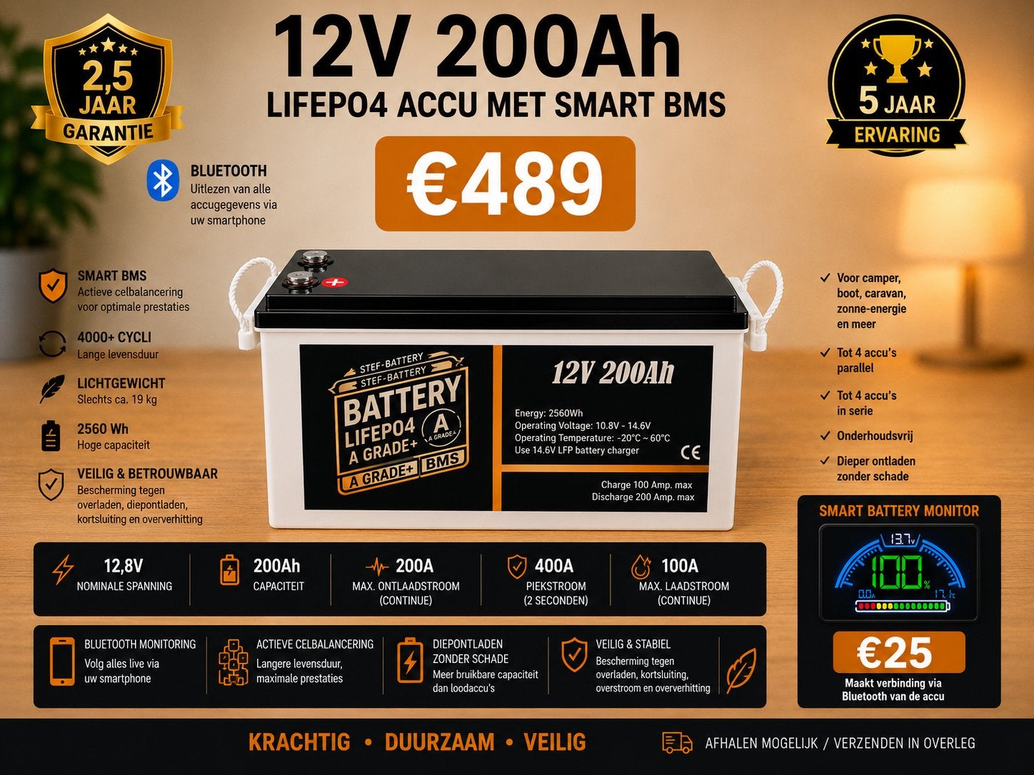 12V 200Ah LiFePO4 Smart BMS Bluetooth 2,5 Jaar Garantie, Ophalen of Verzenden, Nieuw