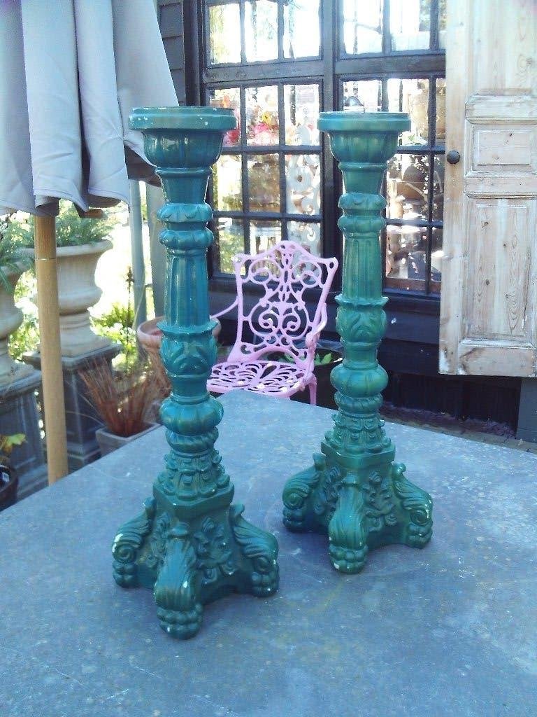 2 Brocante Polystone Kandelaren - Groen, 54 cm, Ophalen of Verzenden, Overige materialen