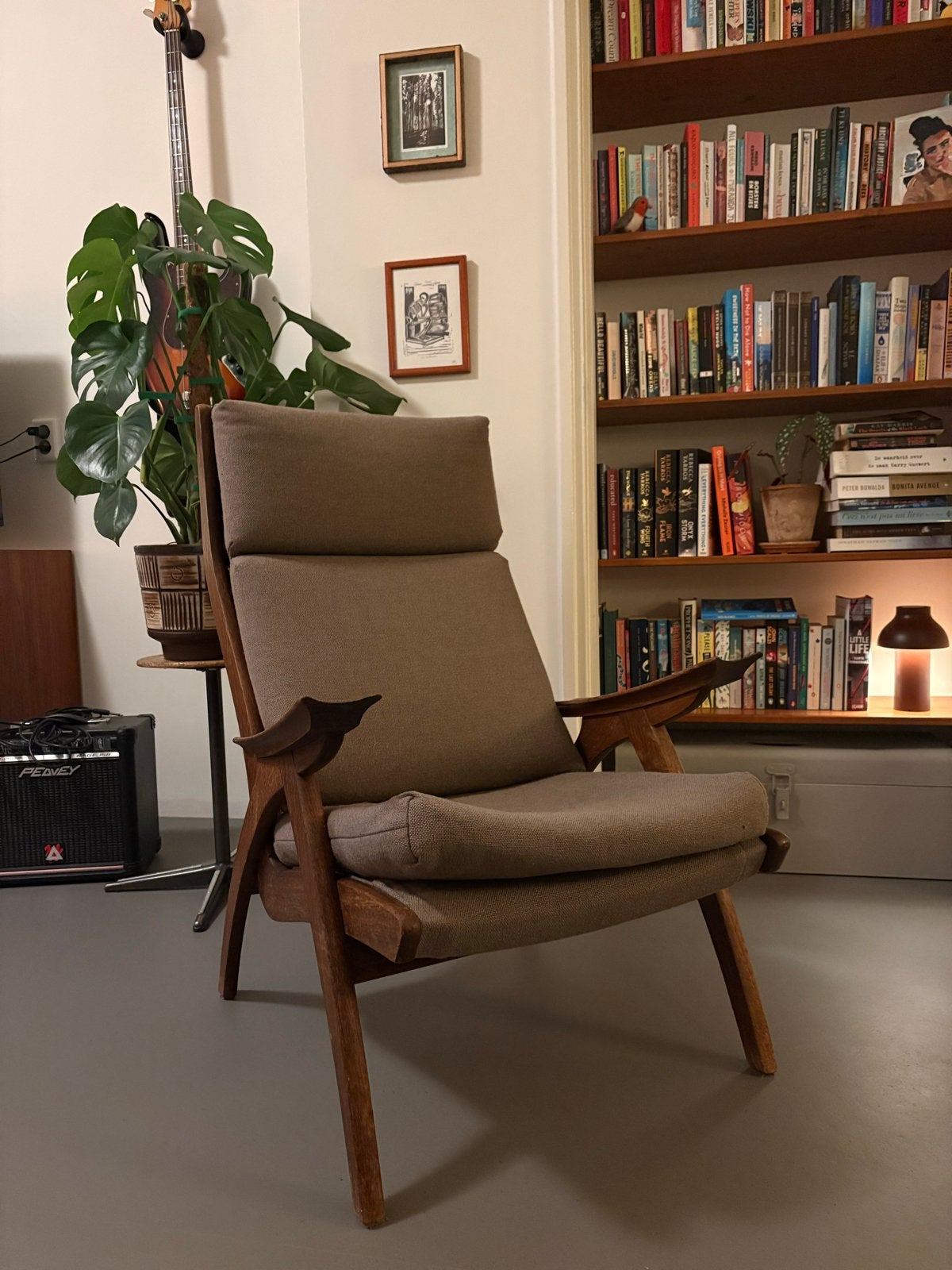 Vintage fauteuil high back met stoffen bekleding, Ophalen, Gebruikt, Eén, Hout