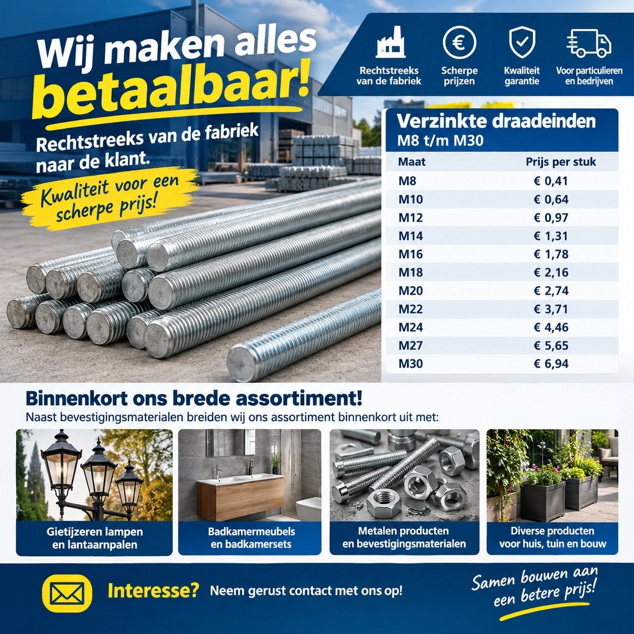 Verzinkte Draadeinden M8 t/m M30 - Direct van de Fabriek, Ophalen of Verzenden, Nieuw, 250 mm of meer, Overige typen