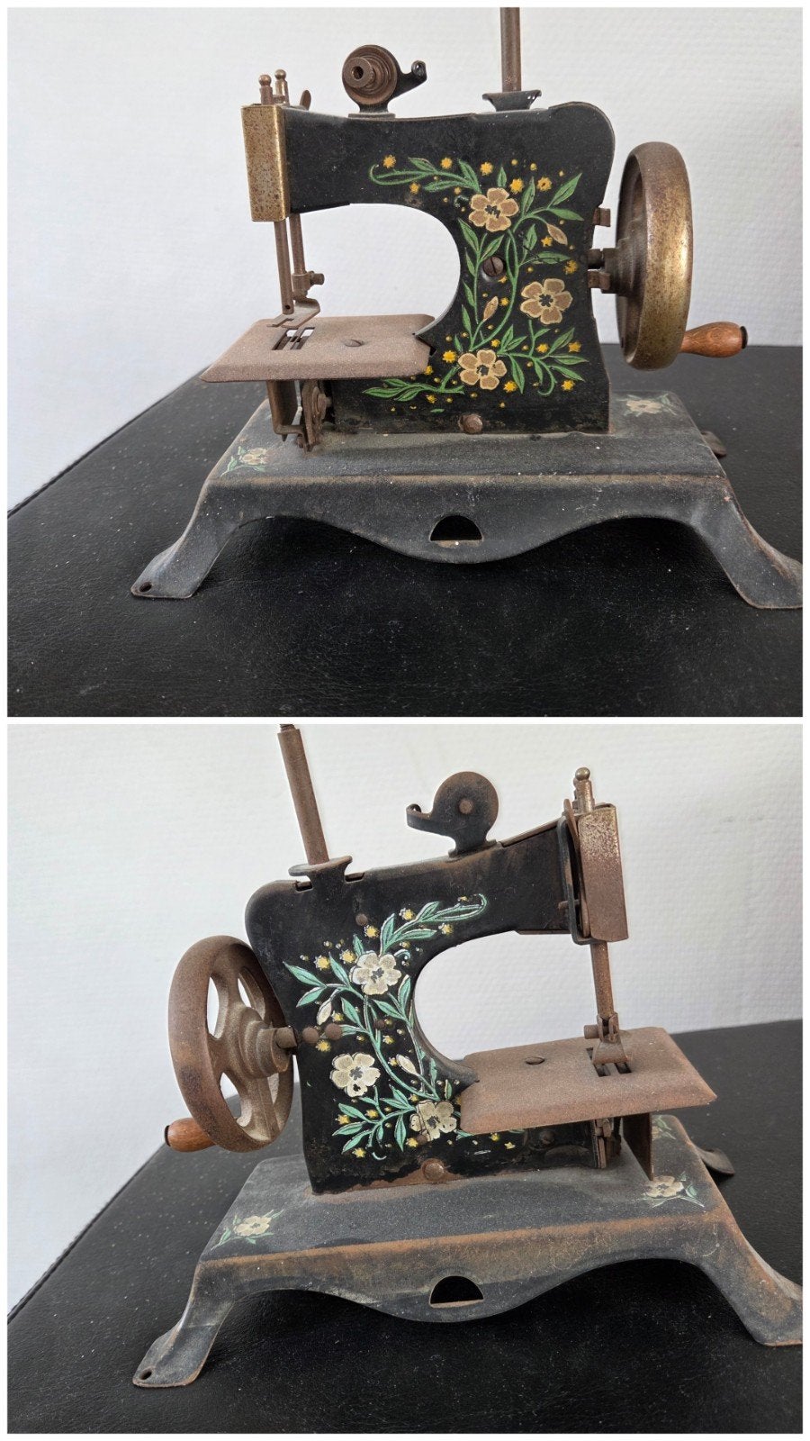 Antieke Miniatuur Naaimachine met Bloemmotief, Antiek en Kunst, Ophalen of Verzenden